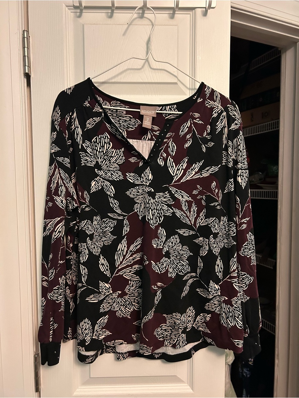 Chico's Black and Burgundy Floral V-Neck Long Sleeve Top
